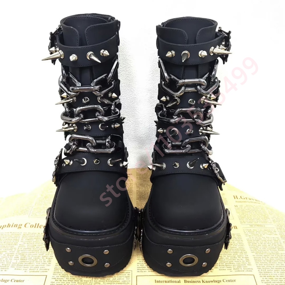 Motorcycle Chain - 2026 Gothic Schwarze Plateau-Stiefeletten für Damen